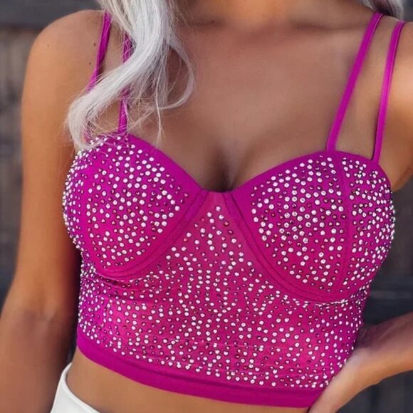 NEW Hot Pink Rhinestone Glitter Double Strap Tank Top with adjustable straps - Picture 4 of 5